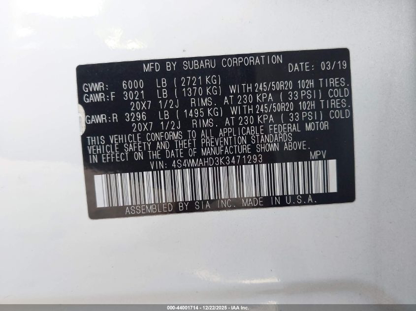 2019 Subaru Ascent Premium VIN: 4S4WMAHD3K3471293 Lot: 44001714