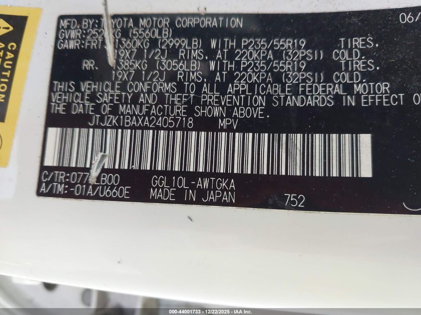 2010 Lexus Rx 350 VIN: JTJZK1BAXA2405718 Lot: 44001733