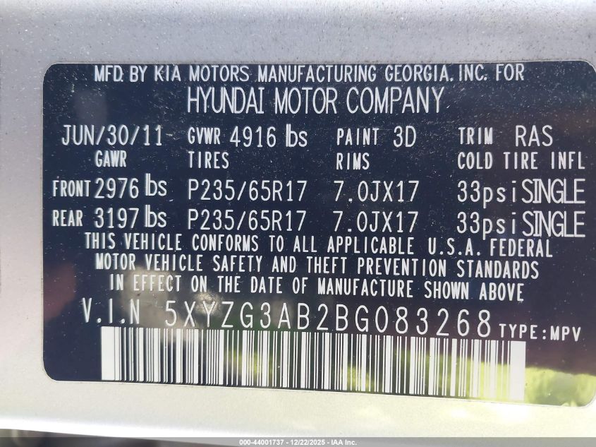 2011 Hyundai Santa Fe Gls VIN: 5XYZG3AB2BG083268 Lot: 44001737