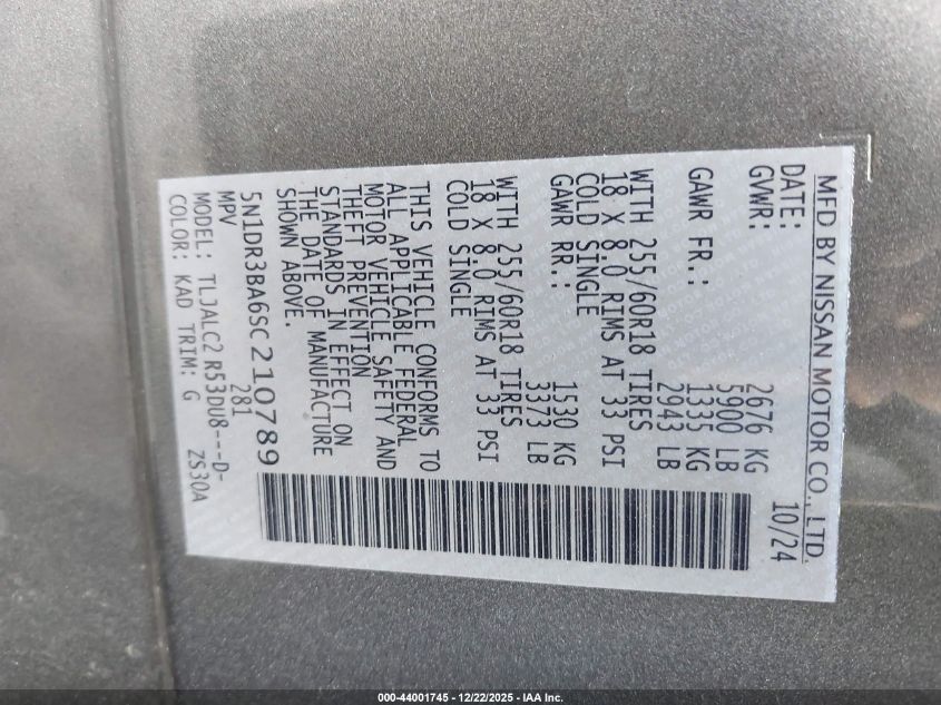 2025 Nissan Pathfinder Sv Fwd VIN: 5N1DR3BA6SC210789 Lot: 44001745