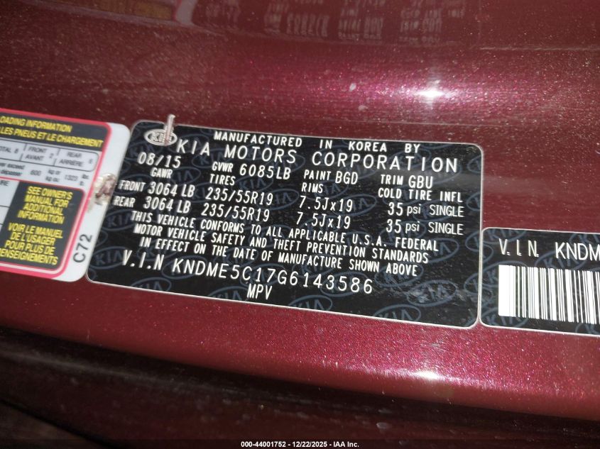 2016 Kia Sedona Sx Luxury VIN: KNDME5C17G6143586 Lot: 44001752