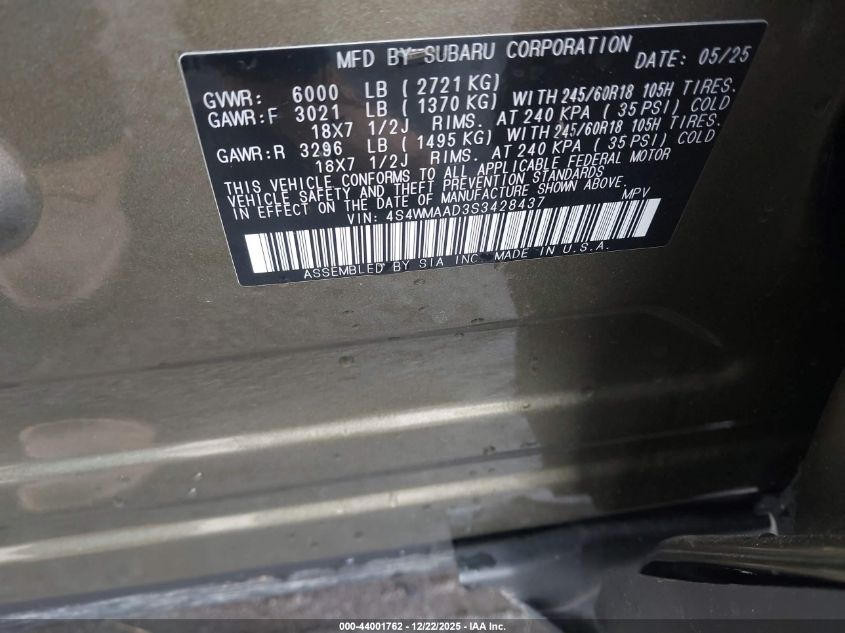 2025 Subaru Ascent Premium 8-Passenger VIN: 4S4WMAAD3S3428437 Lot: 44001762