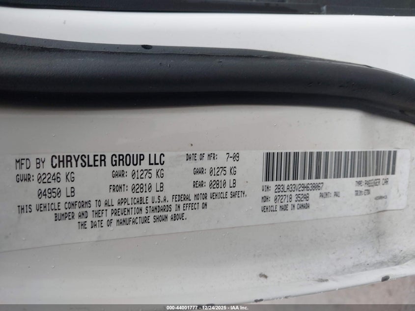 2009 Dodge Charger Sxt VIN: 2B3LA33V29H638067 Lot: 44001777