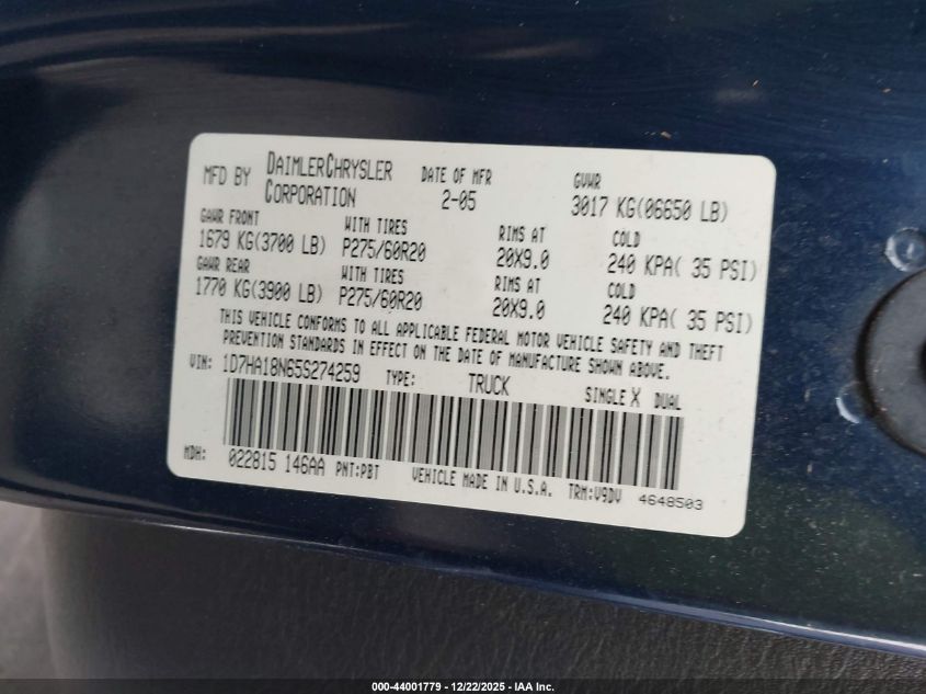2005 Dodge Ram 1500 Slt/Laramie VIN: 1D7HA18N65S274259 Lot: 44001779