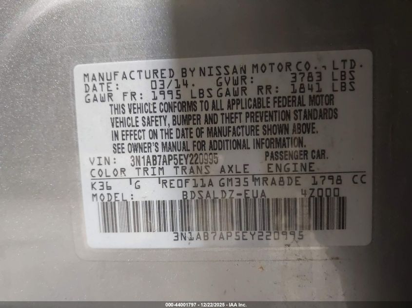 2014 Nissan Sentra Sv VIN: 3N1AB7AP5EY220995 Lot: 44001797