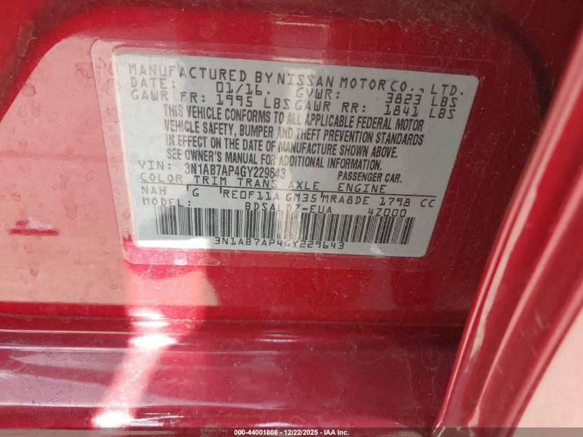 2016 Nissan Sentra Sv VIN: 3N1AB7AP4GY229643 Lot: 44001808