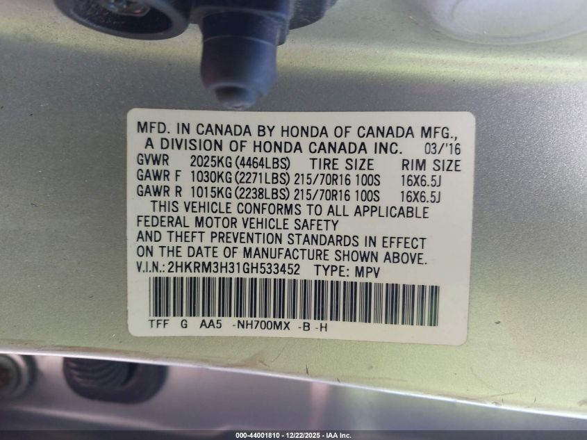 2016 Honda Cr-V Lx VIN: 2HKRM3H31GH533452 Lot: 44001810