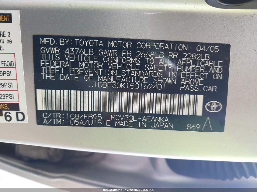 2005 Toyota Camry Le V6/Xle V6 VIN: JTDBF30K150162401 Lot: 44001811