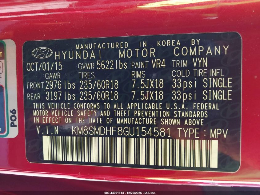 2016 Hyundai Santa Fe Se VIN: KM8SMDHF8GU154581 Lot: 44001813