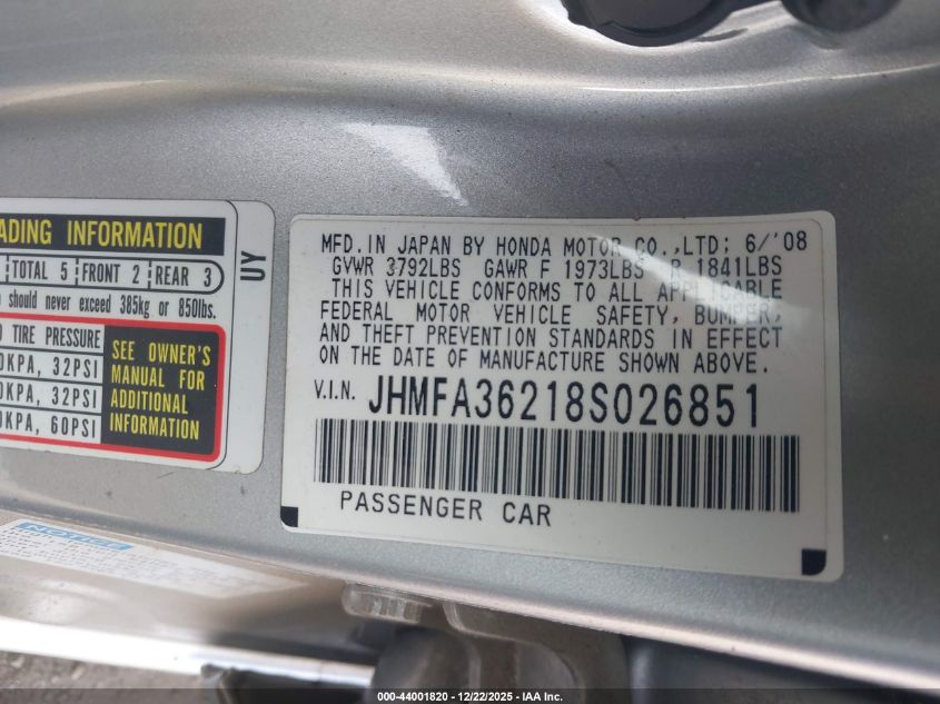 2008 Honda Civic Hybrid VIN: JHMFA36218S026851 Lot: 44001820