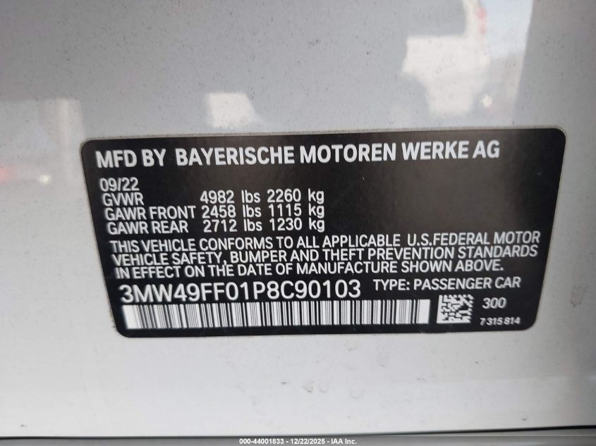 2023 BMW 3 Series M340I xDrive VIN: 3MW49FF01P8C90103 Lot: 44001833