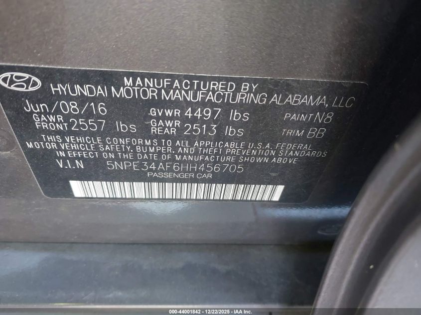 2017 Hyundai Sonata Limited VIN: 5NPE34AF6HH456705 Lot: 44001842
