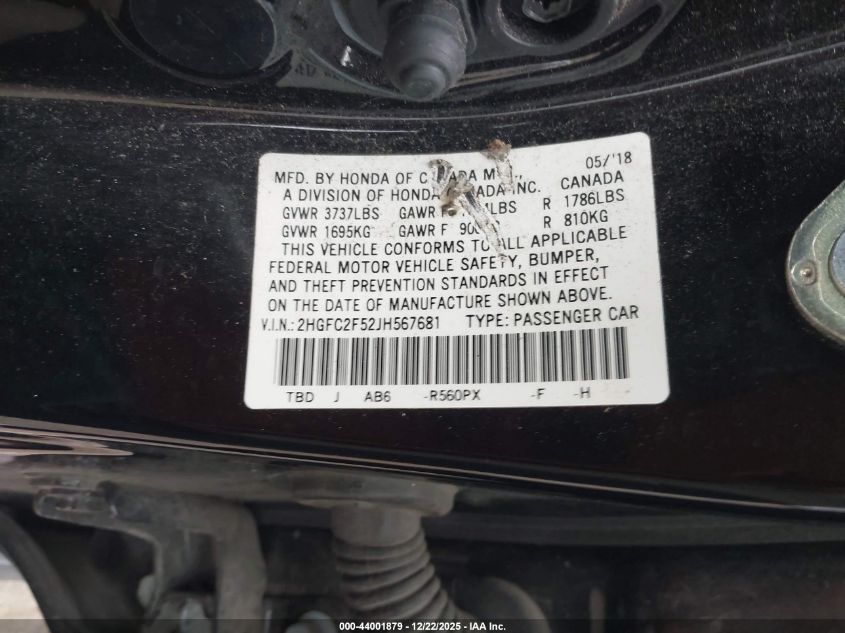 2018 Honda Civic Lx VIN: 2HGFC2F52JH567681 Lot: 44001879