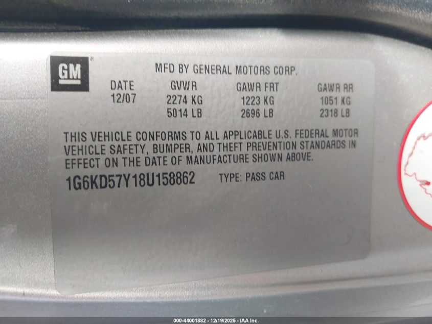 2008 Cadillac Dts 1Sc VIN: 1G6KD57Y18U158862 Lot: 44001882