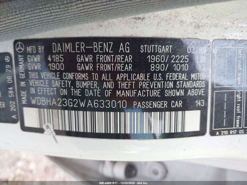 1998 Mercedes-Benz C 230 VIN: WDBHA23G2WA633010 Lot: 44001917