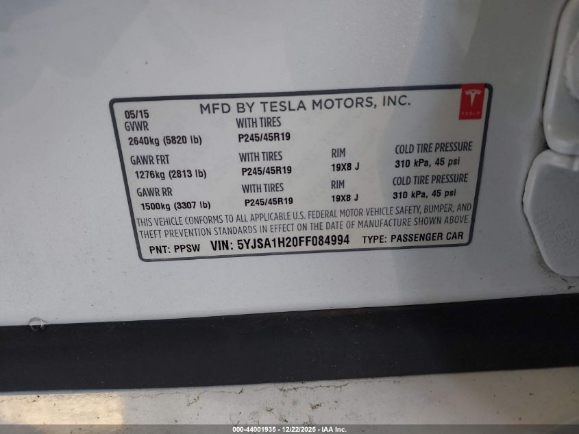 2015 Tesla Model S 70D/85D/P85D VIN: 5YJSA1H20FF084994 Lot: 44001935