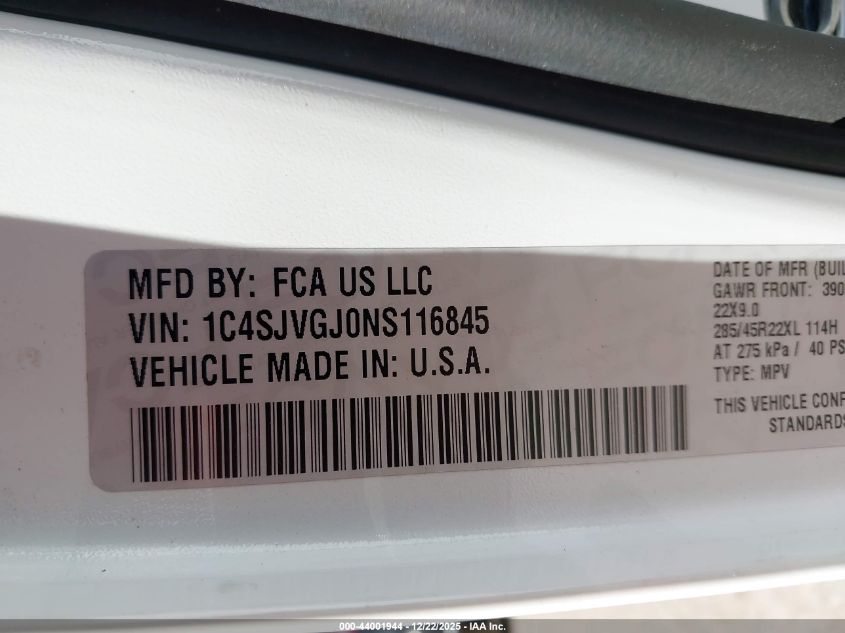 2022 Jeep Grand Wagoneer Series Iii 4X4 VIN: 1C4SJVGJ0NS116845 Lot: 44001944