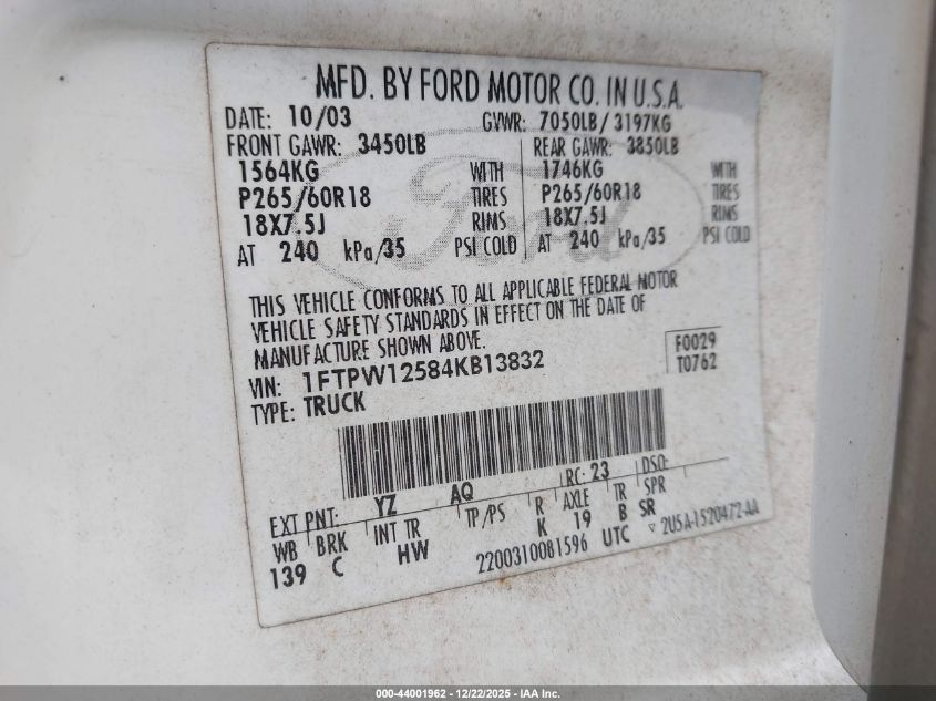 2004 Ford F-150 Lariat/Xlt VIN: 1FTPW12584KB13832 Lot: 44001962