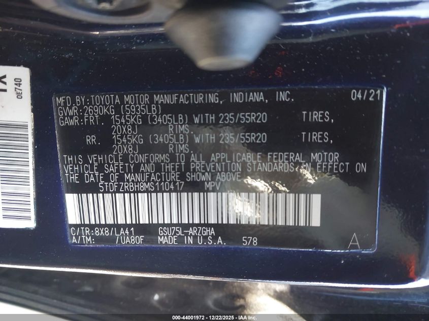 2021 Toyota Highlander Platinum VIN: 5TDFZRBH8MS110417 Lot: 44001972