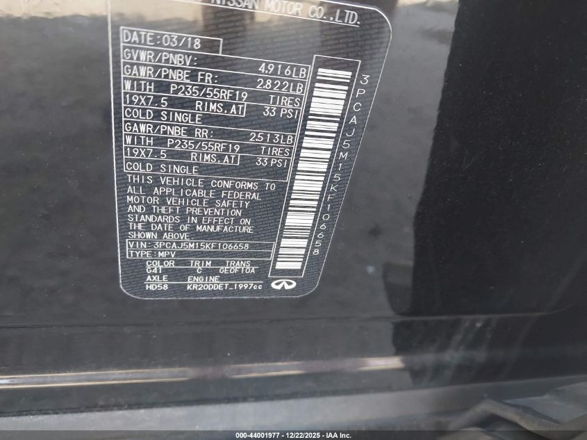 2019 Infiniti Qx50 Essential VIN: 3PCAJ5M15KF106658 Lot: 44001977