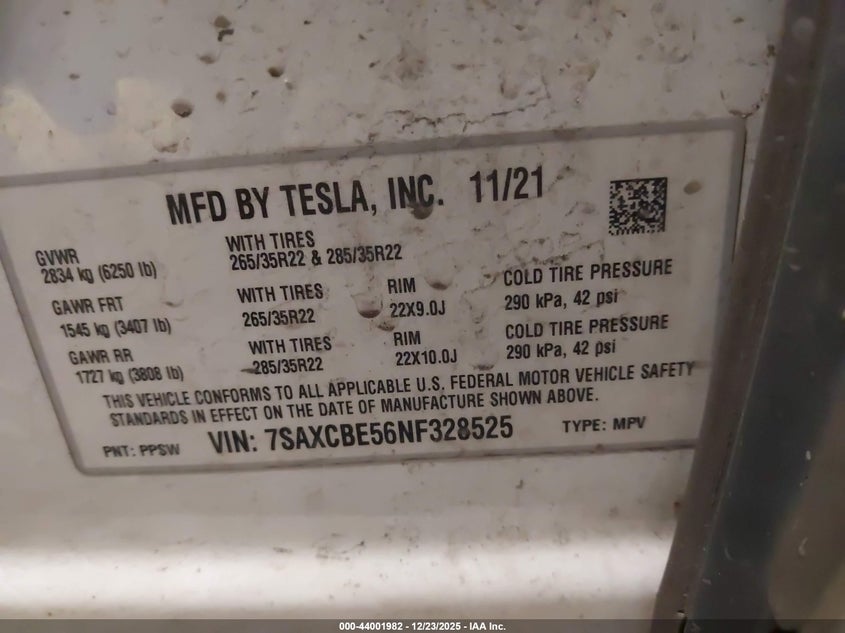 VIN 7SAXCBE56NF328525 2022 TESLA MODEL X DUAL MOTOR ALL-WHEEL DRIVE