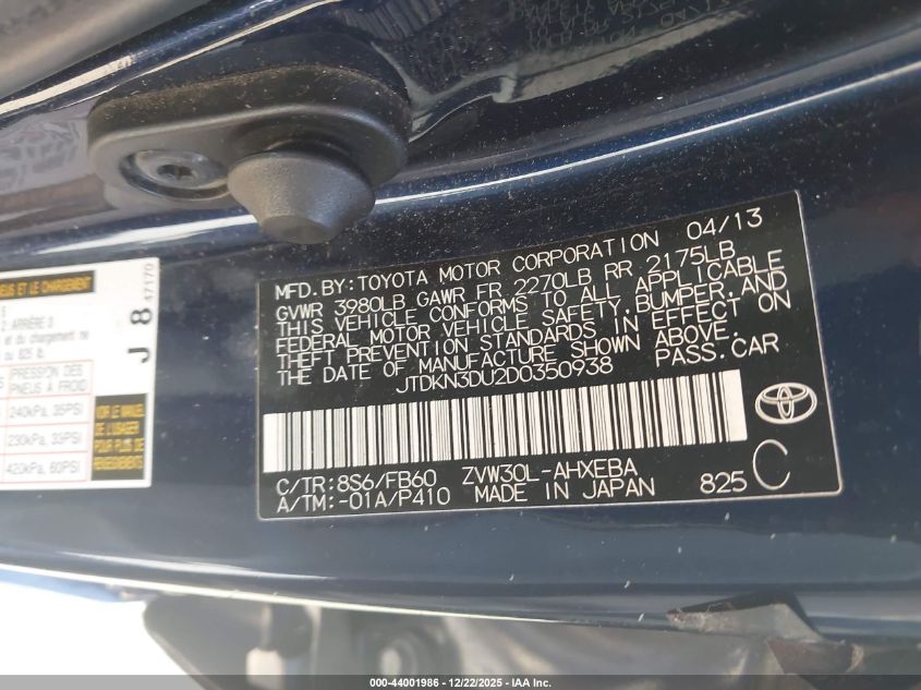 2013 Toyota Prius Two VIN: JTDKN3DU2D0350938 Lot: 44001986