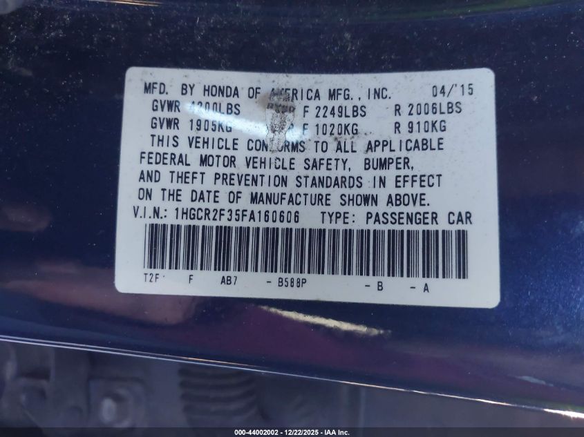 2015 Honda Accord Lx VIN: 1HGCR2F35FA160606 Lot: 44002002