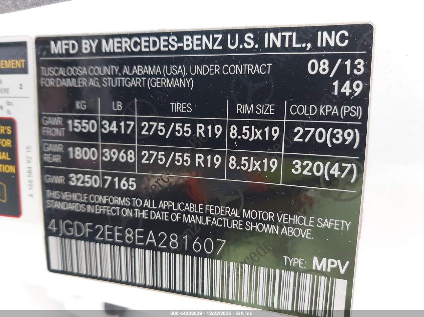 2014 Mercedes-Benz Gl 350 Bluetec 4Matic VIN: 4JGDF2EE8EA281607 Lot: 44002029