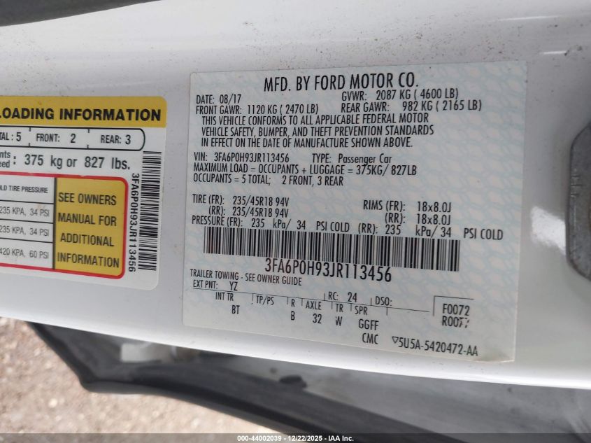 2018 Ford Fusion Se VIN: 3FA6P0H93JR113456 Lot: 44002039