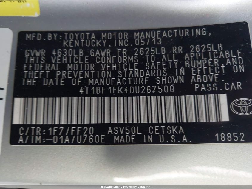 2013 Toyota Camry Se VIN: 4T1BF1FK4DU267500 Lot: 44002066