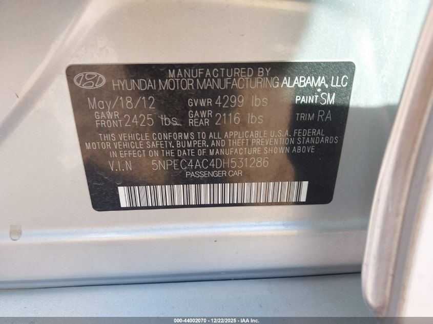 2013 Hyundai Sonata Limited VIN: 5NPEC4AC4DH531286 Lot: 44002070
