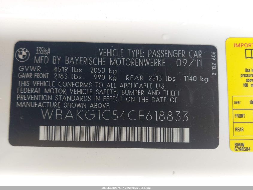 2012 BMW 335Is VIN: WBAKG1C54CE618833 Lot: 44002075