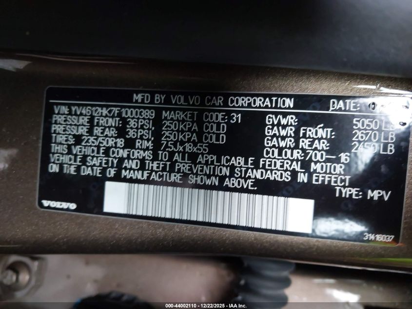 2015 Volvo V60 Cross Country T5 VIN: YV4612HK7F1000389 Lot: 44002110