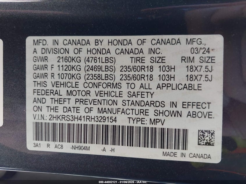 VIN 2HKRS3H41RH329154 2024 HONDA CR-V EX 2WD