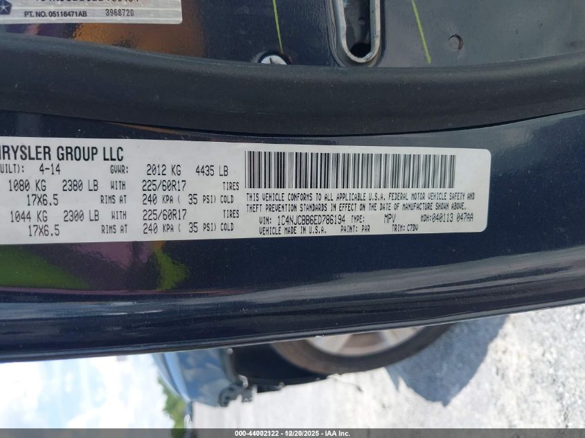 2014 Jeep Compass Sport VIN: 1C4NJCBB6ED786194 Lot: 44002122