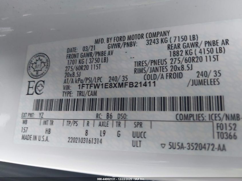 2021 Ford F-150 Lariat VIN: 1FTFW1E8XMFB21411 Lot: 44002131