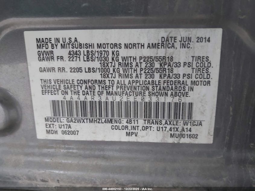 2014 Mitsubishi Outlander Sport Es VIN: 4A4AR3AU2EE033176 Lot: 44002153