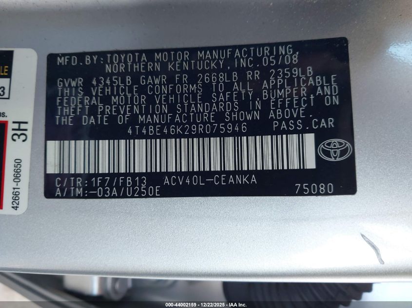 2009 Toyota Camry Le VIN: 4T4BE46K29R075946 Lot: 44002159