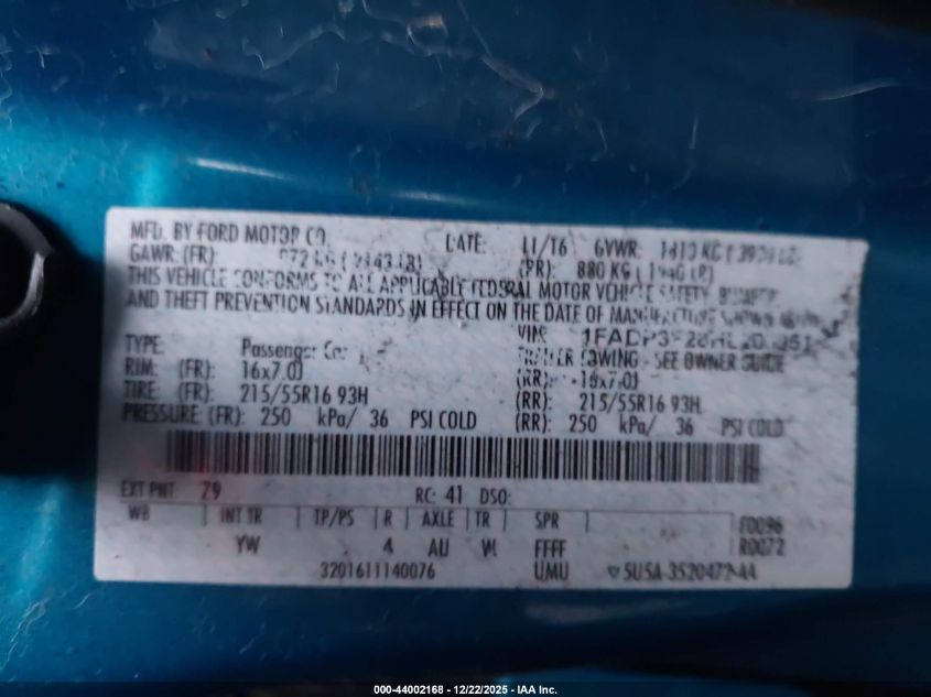 2017 Ford Focus Se VIN: 1FADP3F28HL206951 Lot: 44002168