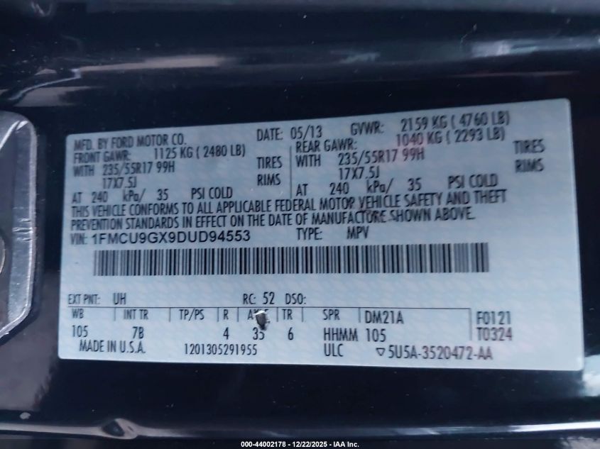 2013 Ford Escape Se VIN: 1FMCU9GX9DUD94553 Lot: 44002178