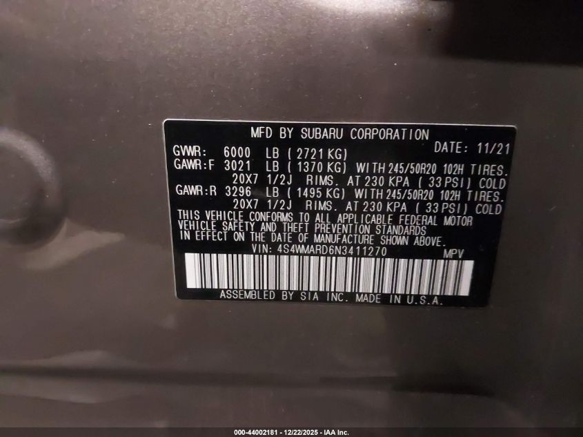 2022 Subaru Ascent Touring VIN: 4S4WMARD6N3411270 Lot: 44002181