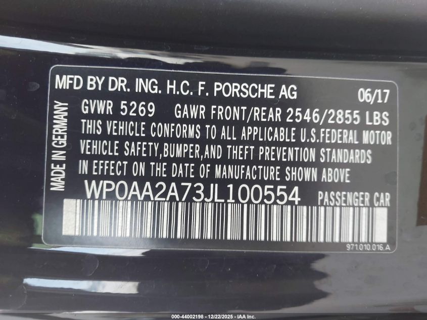 2018 Porsche Panamera 4 VIN: WP0AA2A73JL100554 Lot: 44002198