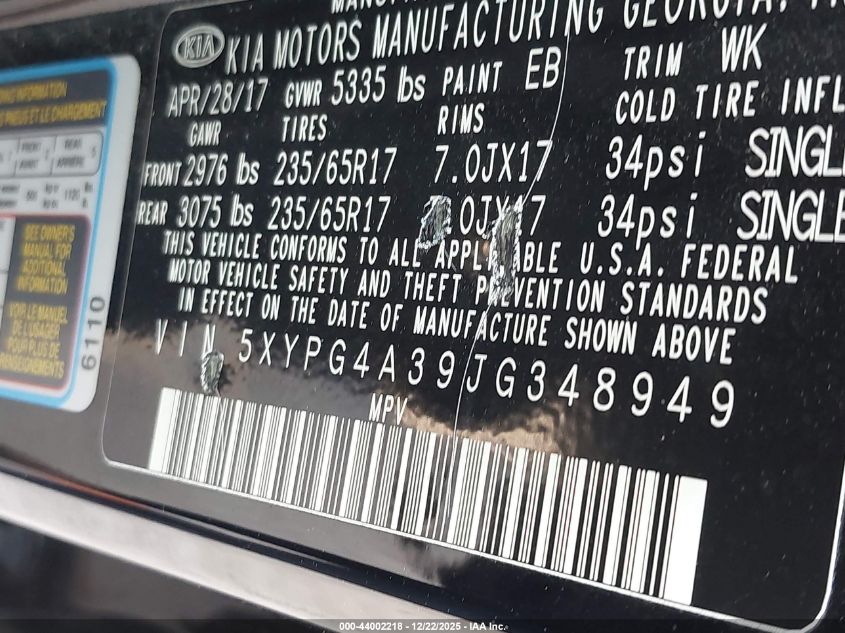 2018 Kia Sorento 2.4L Lx VIN: 5XYPG4A39JG348949 Lot: 44002218