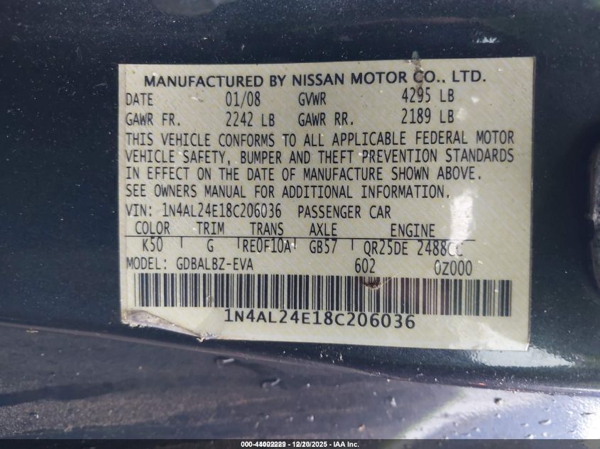 2008 Nissan Altima 2.5 S VIN: 1N4AL24E18C206036 Lot: 44002229