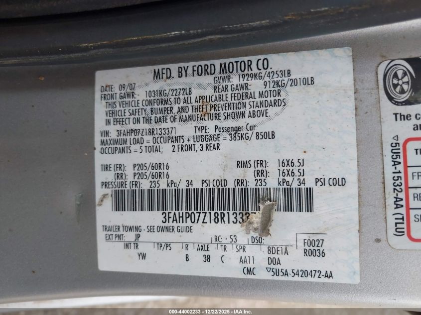 2008 Ford Fusion Se VIN: 3FAHP07Z18R133371 Lot: 44002233