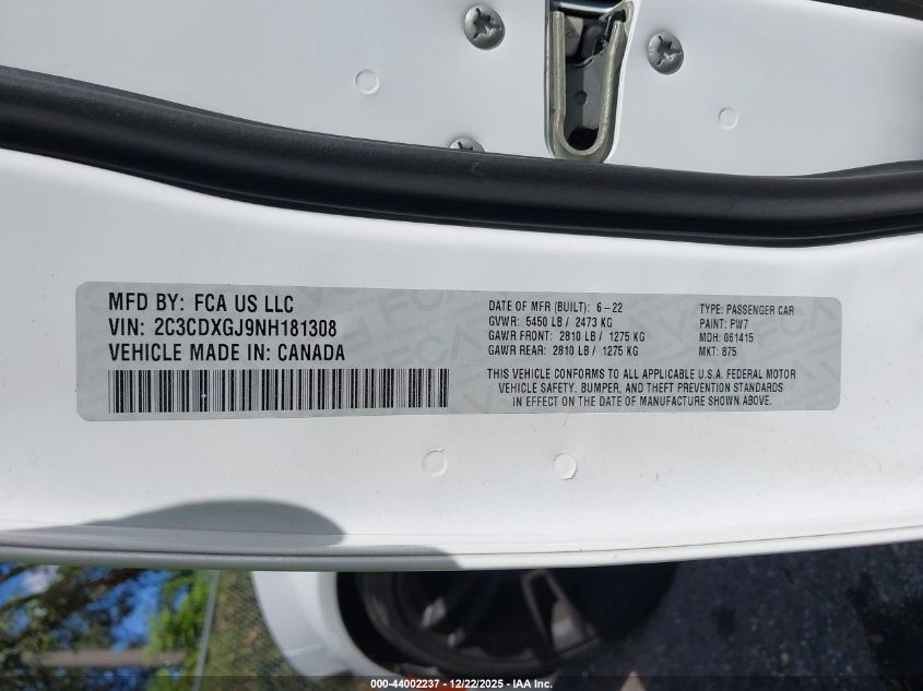 2022 Dodge Charger Scat Pack Widebody VIN: 2C3CDXGJ9NH181308 Lot: 44002237