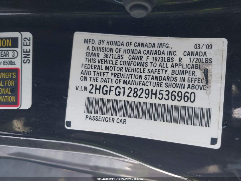 2009 Honda Civic Ex VIN: 2HGFG12829H536960 Lot: 44002241