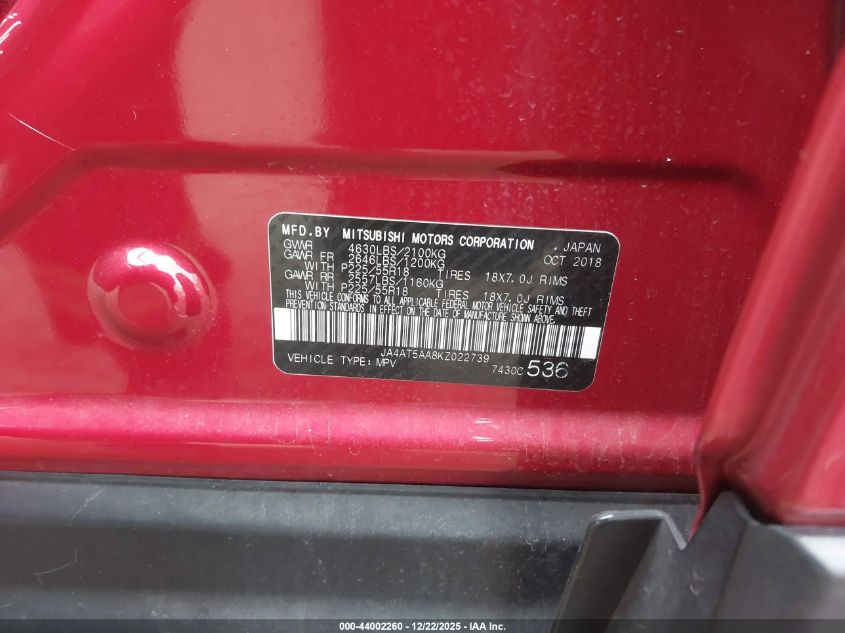 2019 Mitsubishi Eclipse Cross Sel VIN: JA4AT5AA8KZ022739 Lot: 44002260