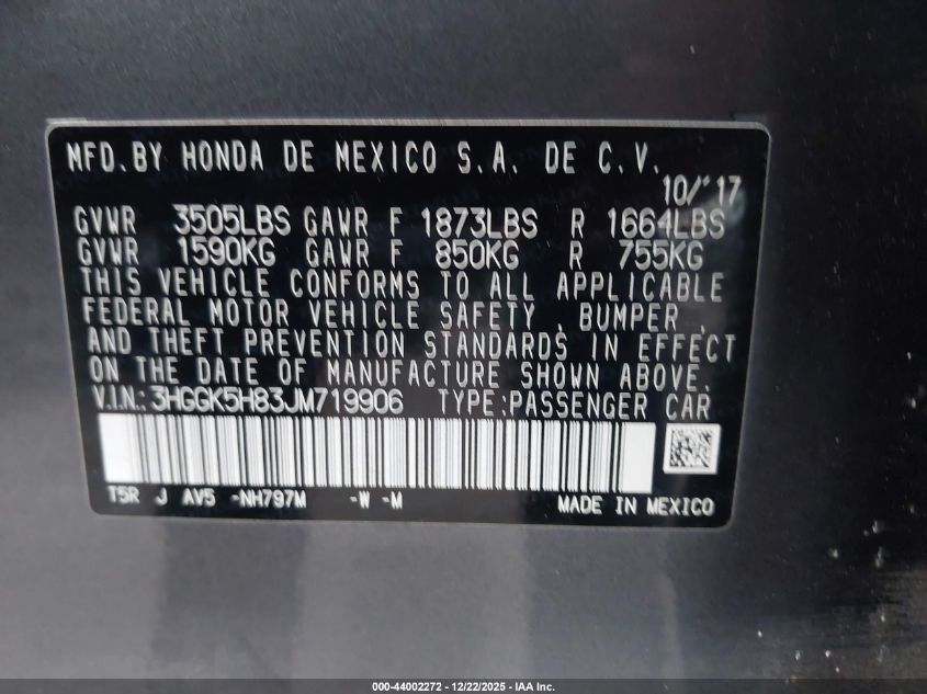 2018 Honda Fit Ex VIN: 3HGGK5H83JM719906 Lot: 44002272