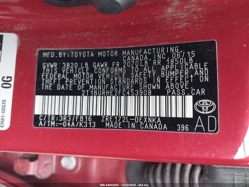 2015 Toyota Corolla Le VIN: 2T1BURHE2FC453908 Lot: 44002283